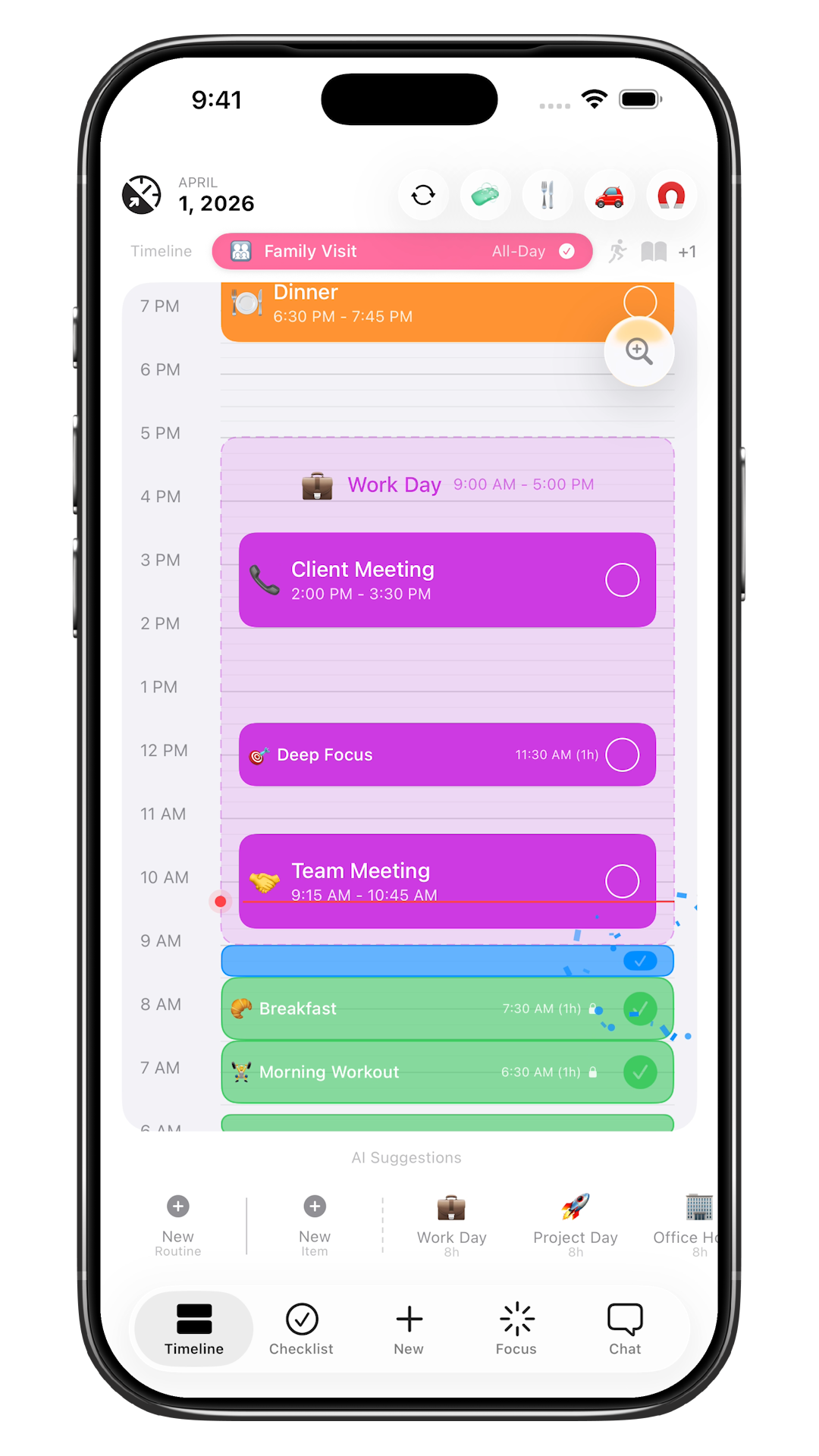 Timeline view showing AllTime's unified daily timeline with calendar events, tasks, and health data