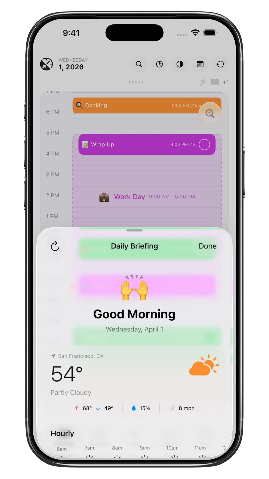 Daily Briefing screen with AI-generated morning summary based on body and calendar data