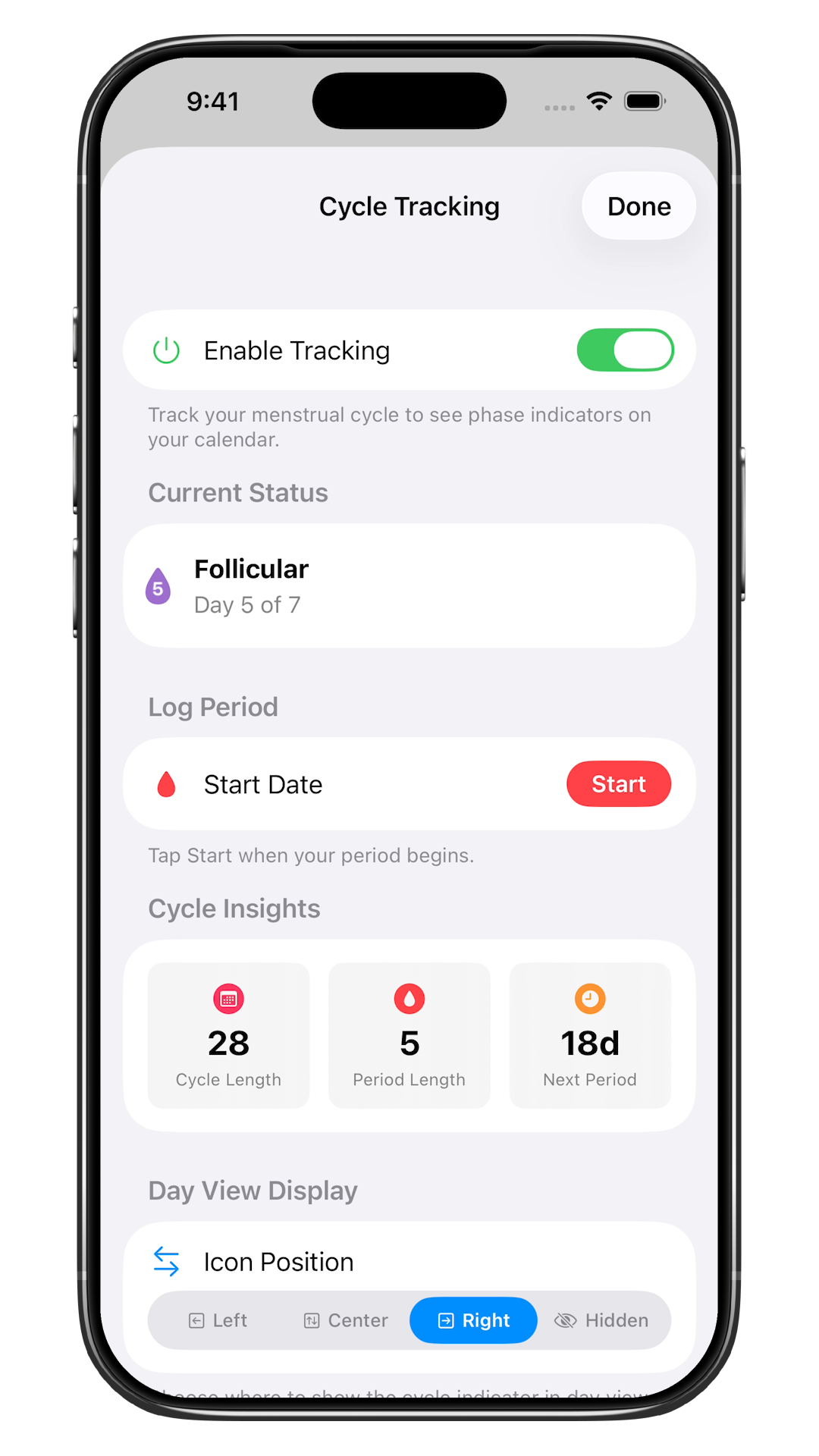 Cycle Tracker visualization built into the calendar