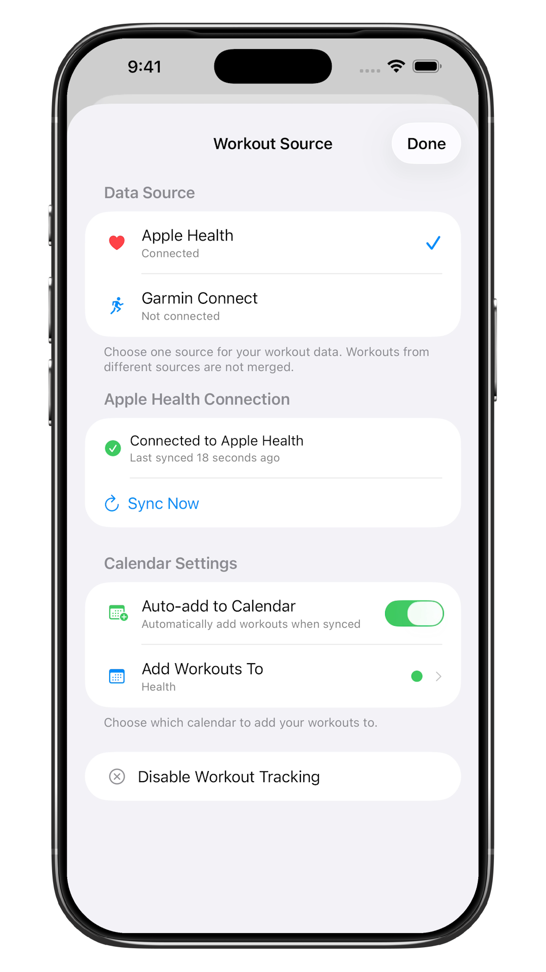 Workout statistics pulled from Apple Health and integrated into the weekly plan