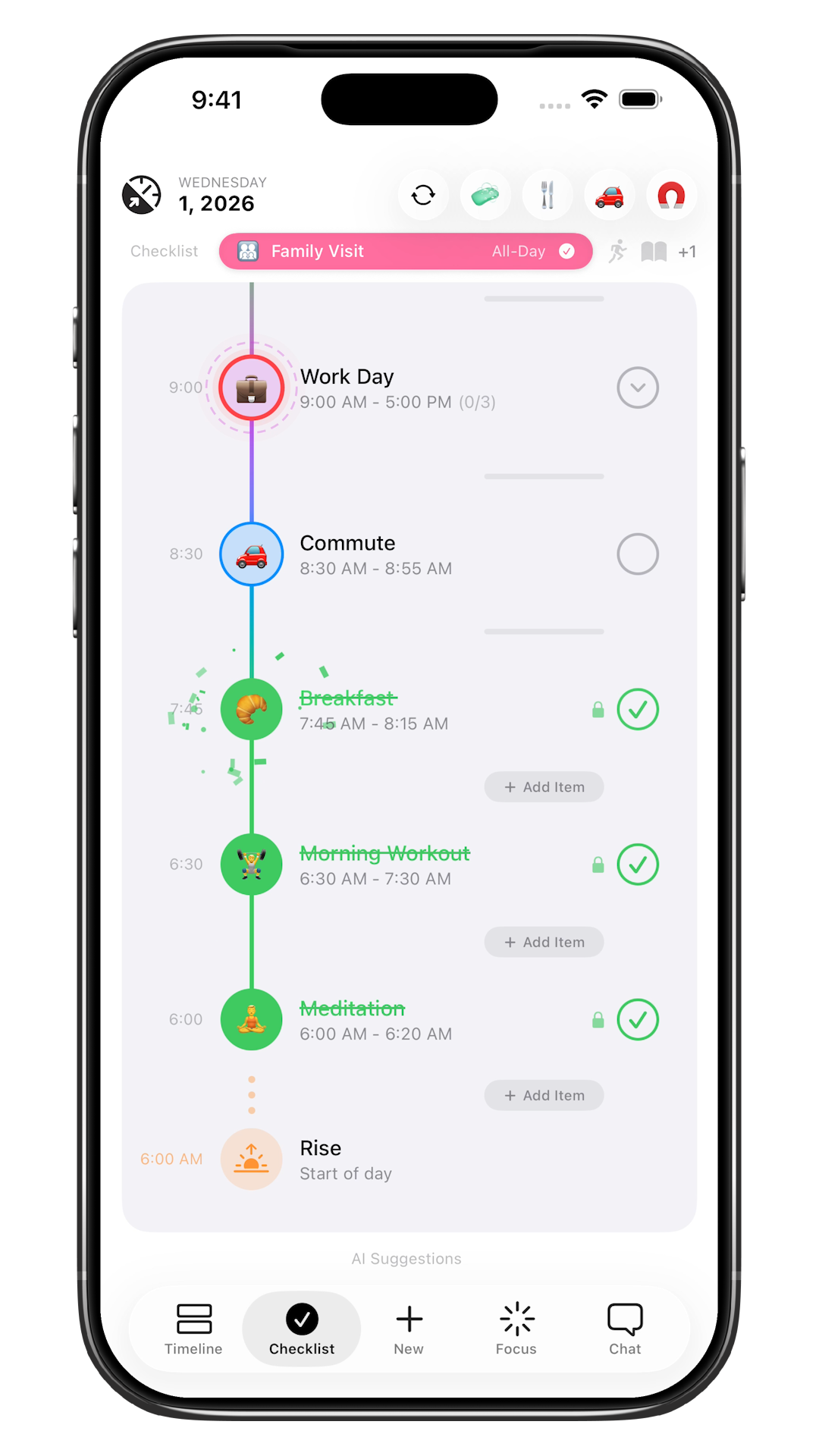 Daily Checklist with AI-prioritized tasks aligned to the user's energy level